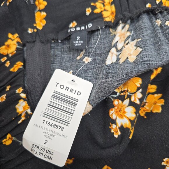 NWT Torrid Black Yellow Floral Faux Wrap Maxi Challis Skirt Ruffle Trim High Low - Picture 10 of 12